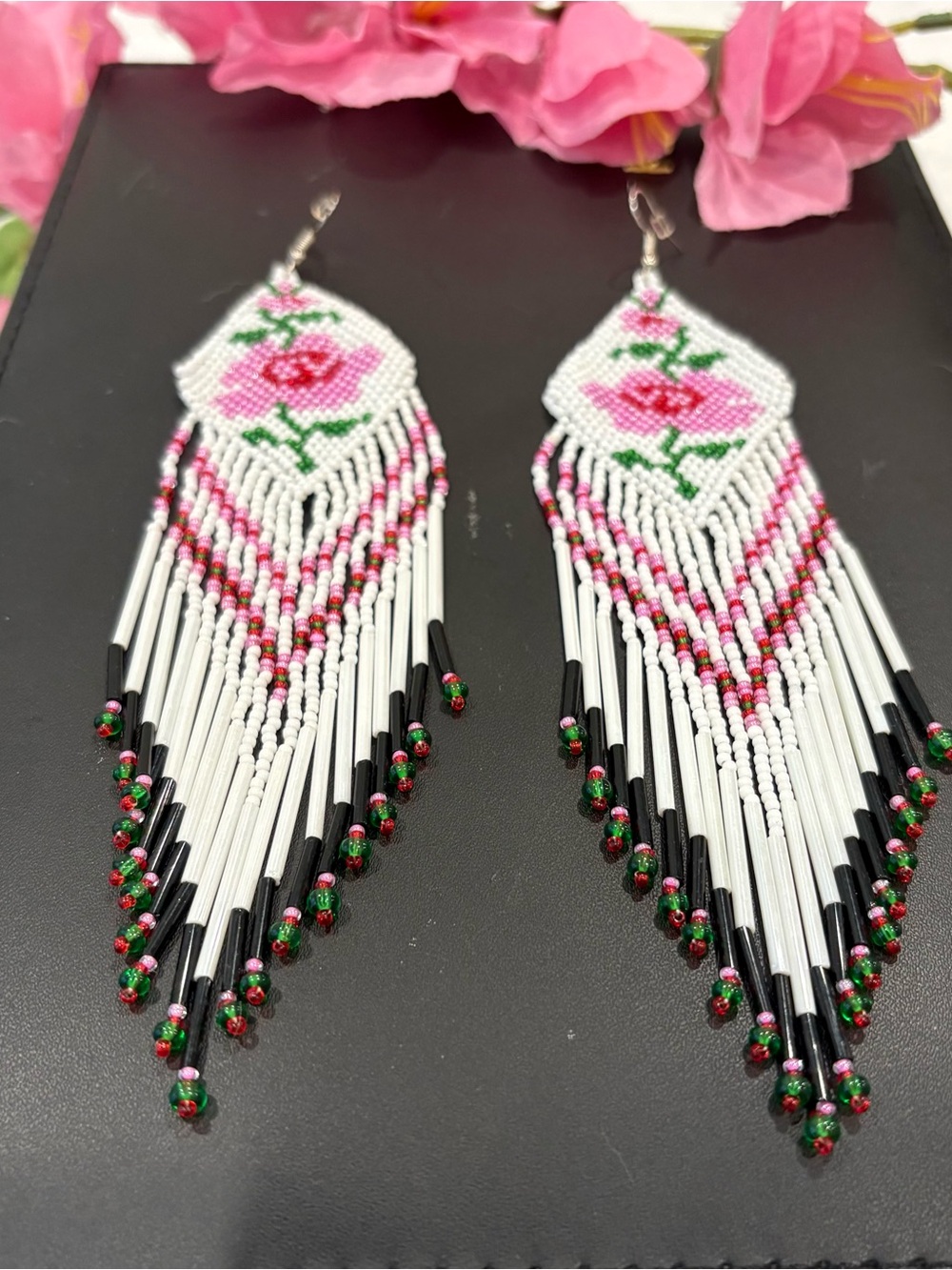 Handmade Peyote Stitch Beaded Fringe  Earrings - Floral Statement Dusters